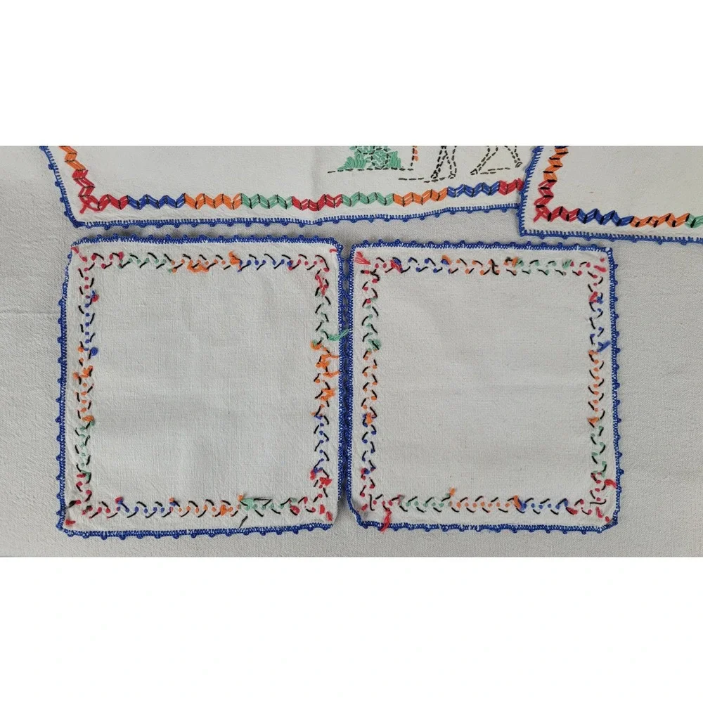 Vintage Mexican Hand Embroidered Table Linen Set 5pc Siesta‎ Donkey Folk Art